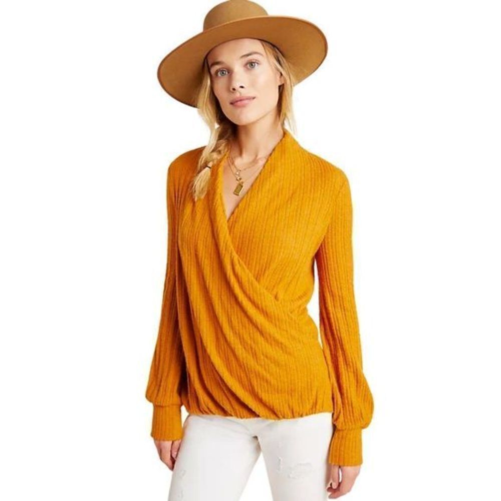 NWOT Anthropologie Maeve Rafaela Hacci Surplice Cable Knit Pumpkin Orange Top
